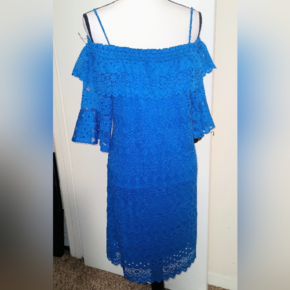 Danny & Nicole Blue Lace Off-Shoulder Midi Dress